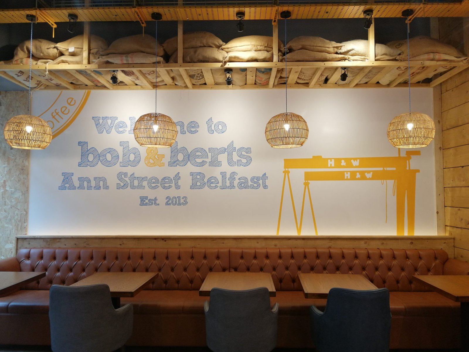 IMG_20240312_162752 Hand-painted wall graphics for Bob & Berts Coffee Shop in Belfast, featuring distressed lettering and stamp-style logo art